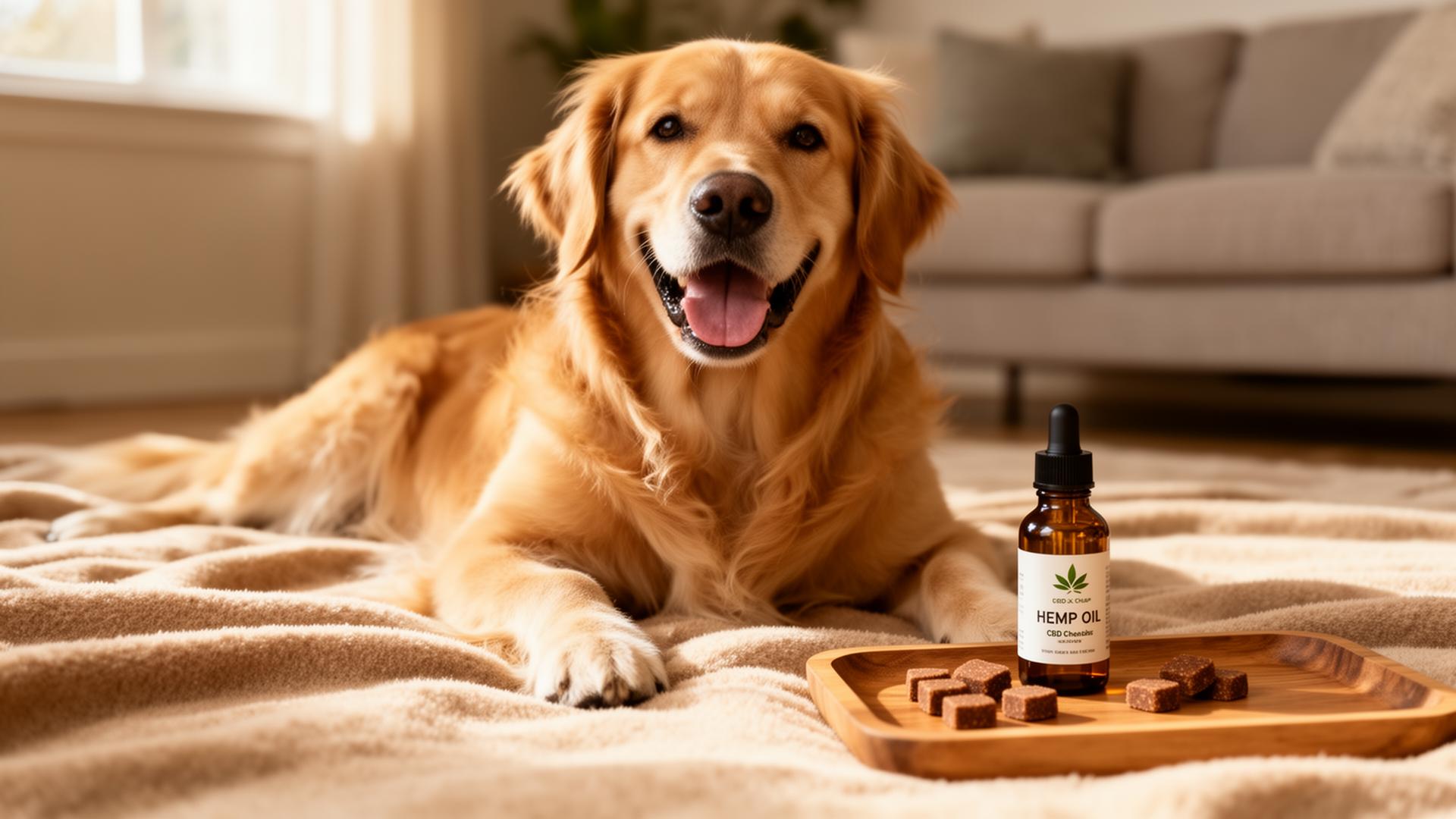 A relaxed golden retriever resting beside a bottle of hemp CBD oil and soft brown CBD chews on a wooden tray